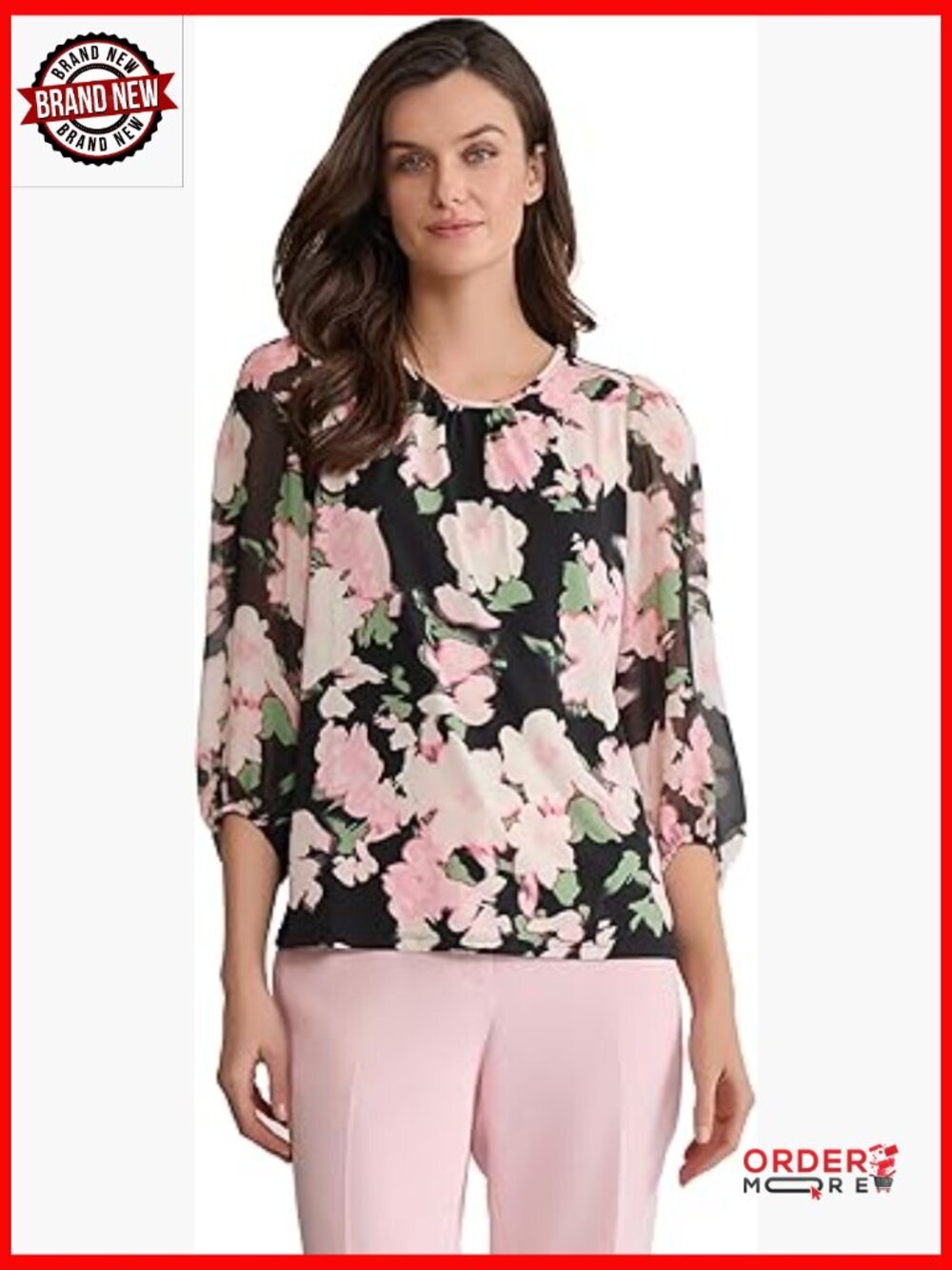 Long Sleeve Floral Print Chiffon Blouse Women's Pull On Top